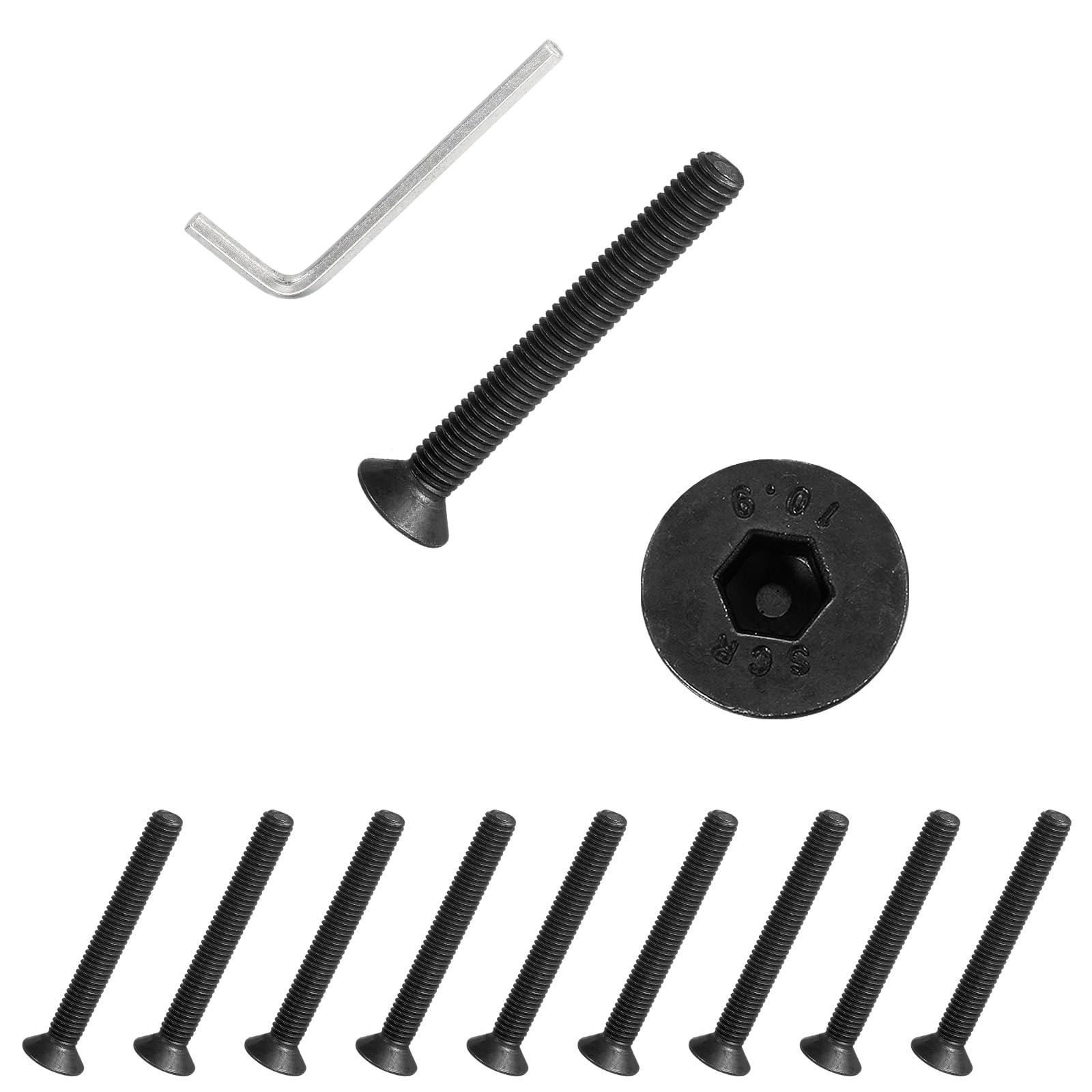 PATIKIL M6x50 mm Flat Head Socket Cap Screws, 10 Pcs Carbon Steel Flat Countersunk Bolts Hex Socket Drive Machine Screws Full Thread Grade 10.9 with Hex Spanner, Black
