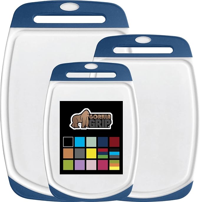 The Original Gorilla Grip Oversized 100% BPA Free Reversible Durable Kitchen Cutting Board Set of 3, Juice Grooves, Dishwasher Safe, Easy Grip Handle Border, Food Chopping Boards, Cooking, Blue