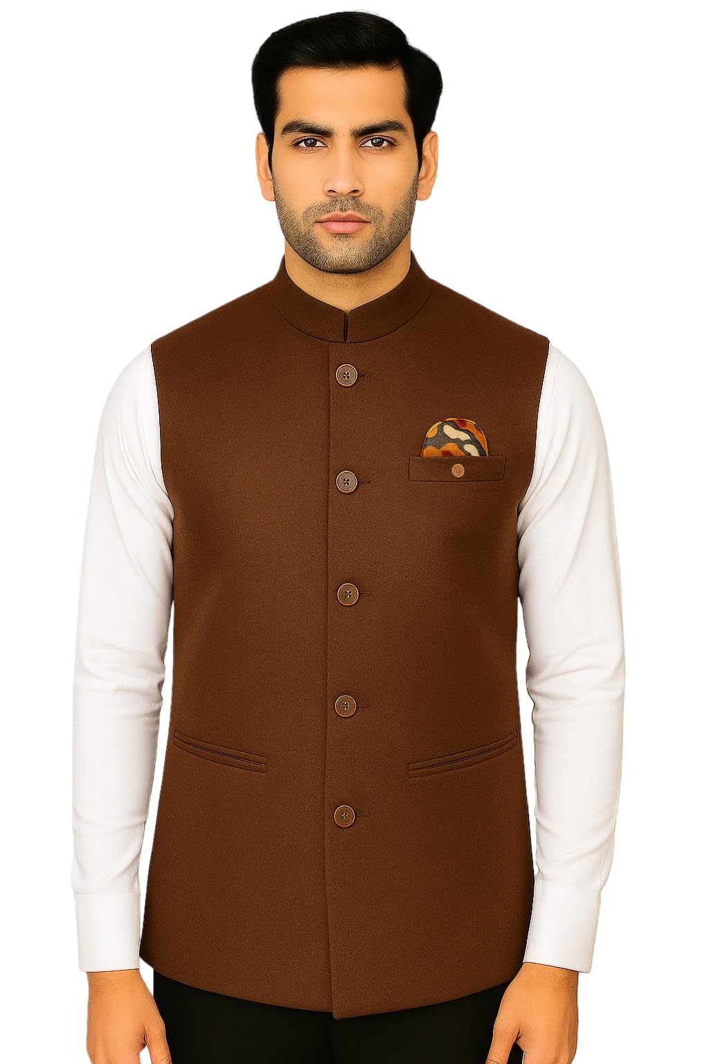 MEN 'S NEHRU MODHI JACKET (WAISTCOAT) - ALONG WITH INNER POCKET PREMIUM FABRIC WITH WOOL BLEND LINING STYLISH SLEEVELESS REGULAR FIT WAISTCOAT FOR FESTIVELS- FORMAL AND CASUAL (BROWN- 46)-image-14