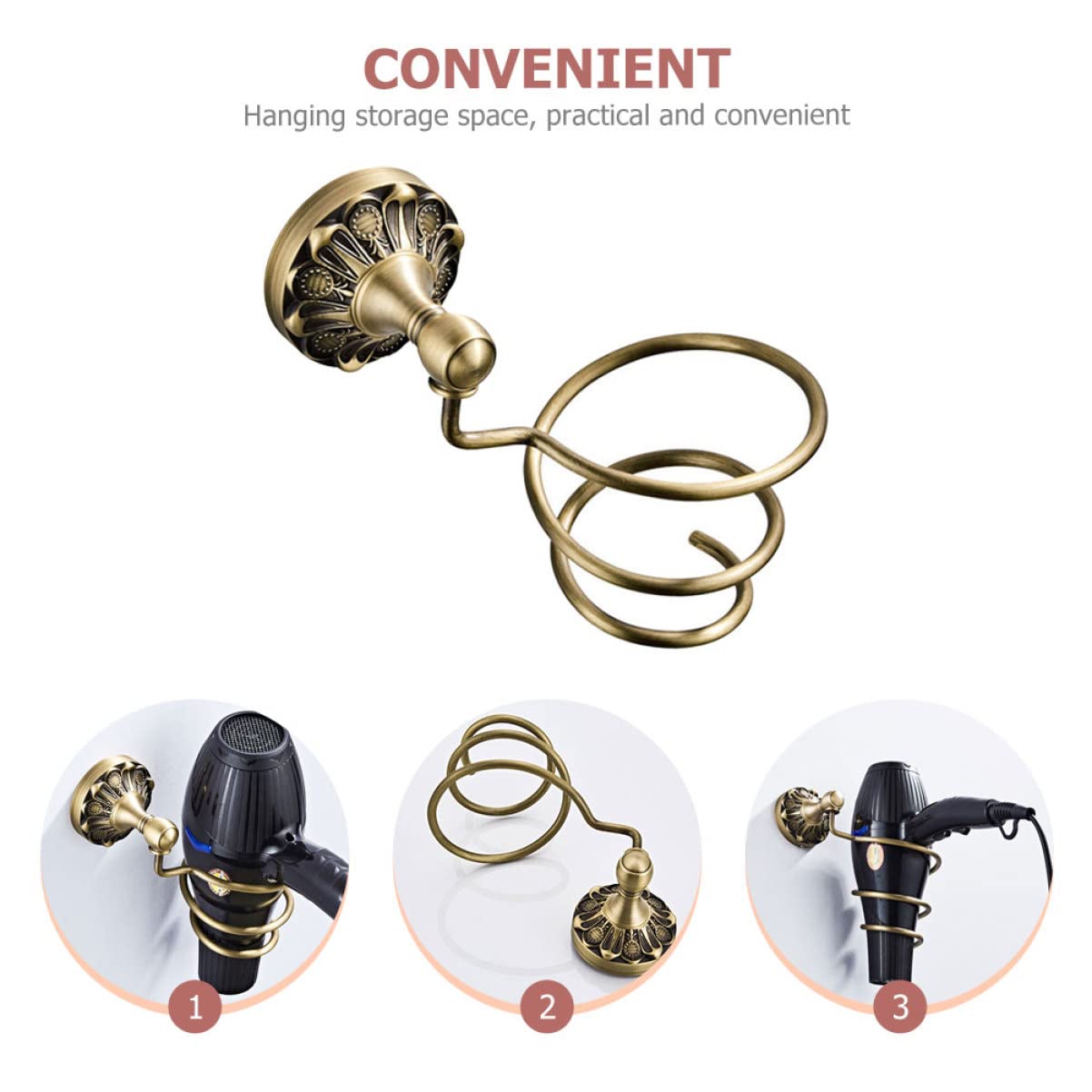 CALLARON Soporte de Pared para Secador de Pelo, Organizador Espiral de Cobre Dorado, Adecuado para Baño, Resistente al Óxido y Ahorra Espacio