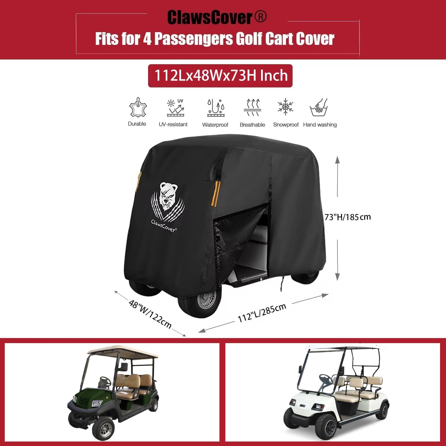 Golf Cart Cover 4 Passenger,Waterproof Outdoor 2+2 Golf Cart Covers Extended Roof,Universal Fits for Club Car Precedent EZGO Evolution Yamaha Kandi Onward Denago, UV-Resistant All Weather Protection