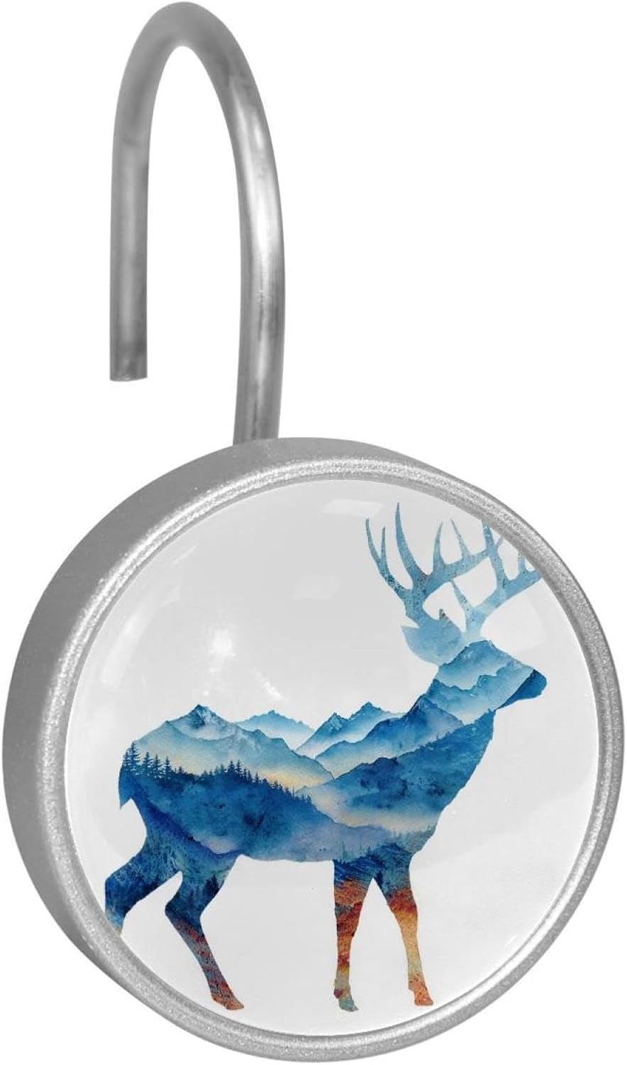 12PCS Watercolor Mountain Deer (2) Shower Curtain Hooks Rings for Bathroom, Decorative Shower Curtain Hooks Rods Curtains and Liner