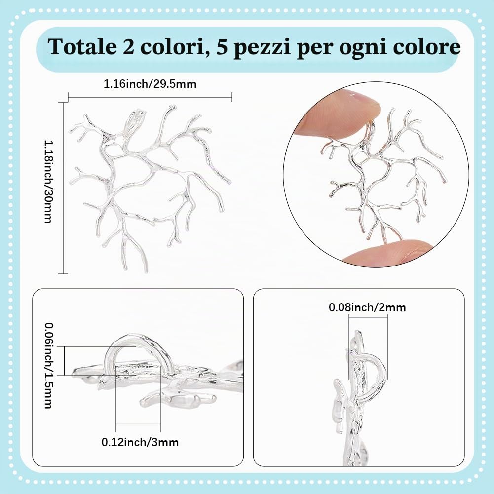 SUNNYCLUE 1 scatola Da 10 pezzi, 2 colori, Porta Ciondoli A Forma di Ramo, Vassoi per Ciondoli Ad Artiglio, Rami In Oro e Argento, In Ottone, Regolabili, con Gabbia Aperta, Ciondoli con Castone A Grif