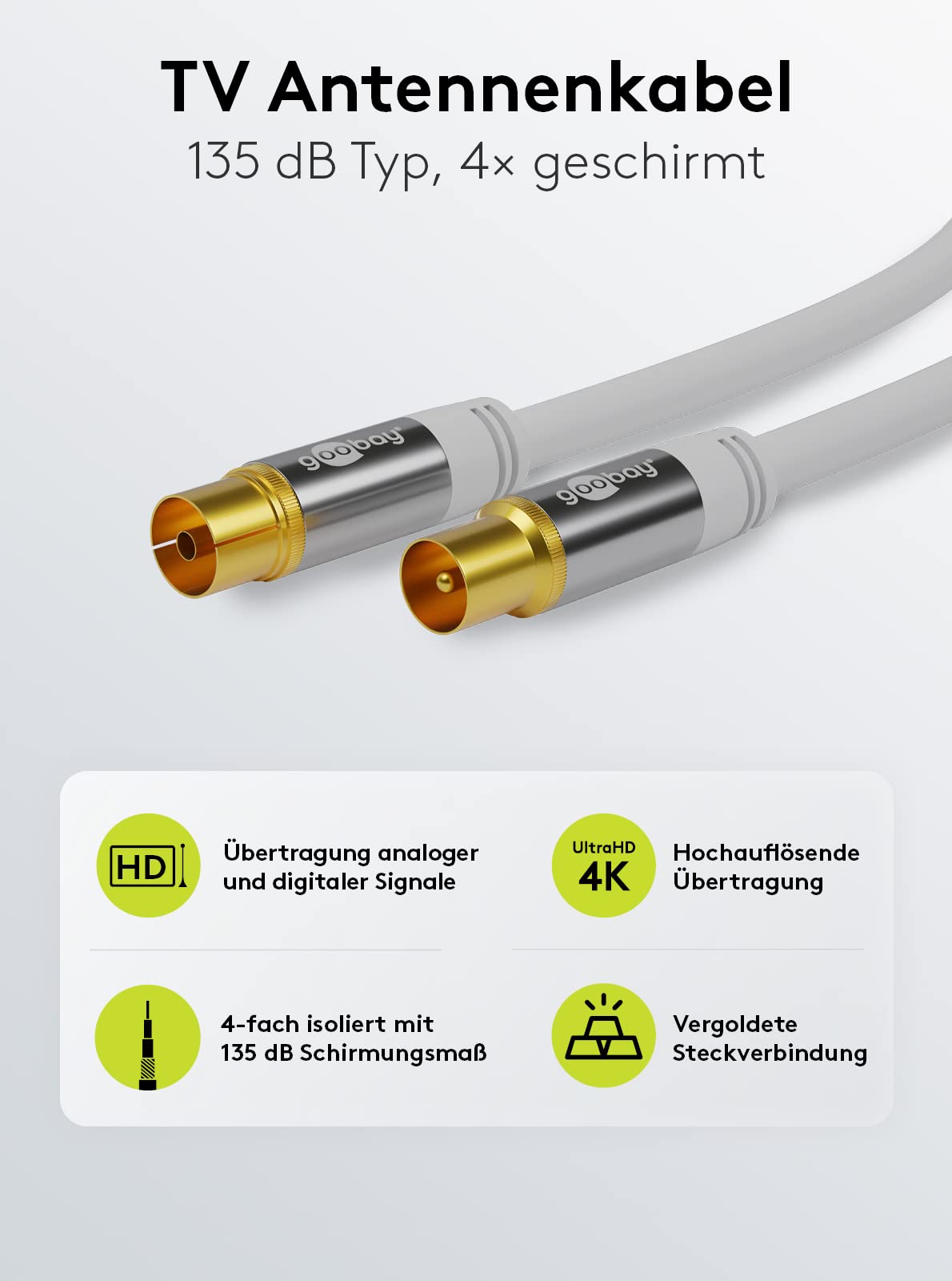 TV Antenna Cable White (135 dB Type), 4x Shielded Gold-Plated Coaxial Socket Coaxial Plug (3.0 m), 3,0 m - Image 2