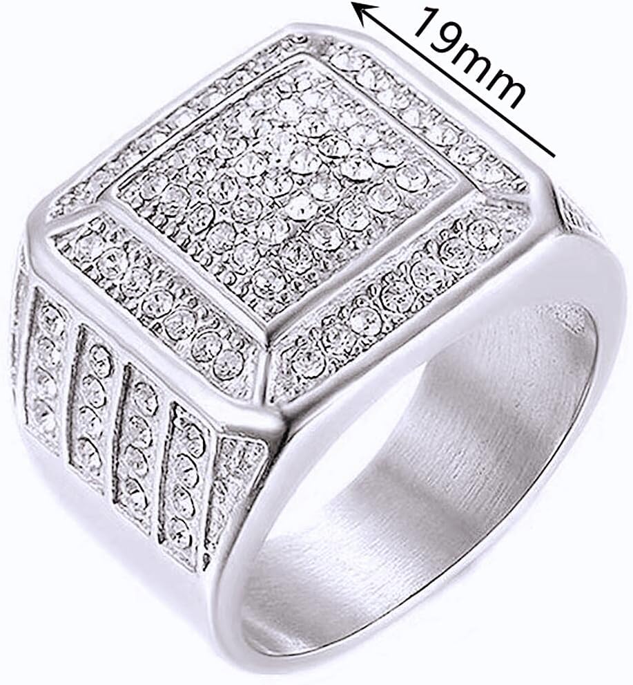 Iced Out Square Ring for Men - Stainless Steel, Hip Hop Style, Bling Cuban Punk Club Wedding Ring - Image 2