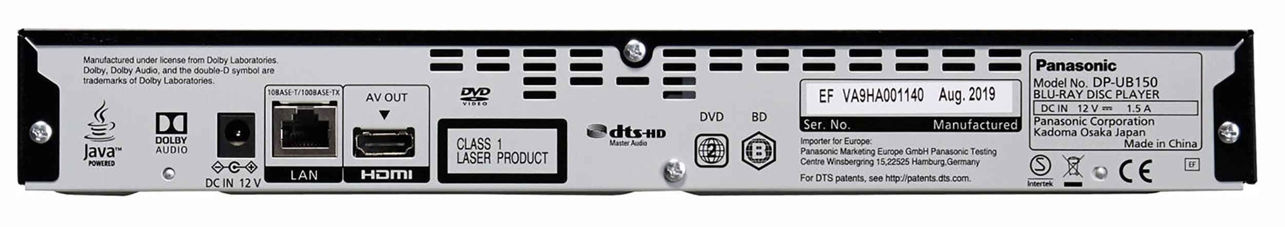 Panasonic Lecteur Blu Ray Ultra HD DP-UB150EF-K I Lecture FULL HD 3D Compatible HDR10 + / HDR / HLG / Dolby Atmos Sortie 4K Networking Lecture Audio Hi-Res USB noir - Version Française
