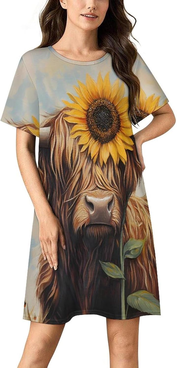 Highland Cow with Sunflower Nightgowns for Women Short Sleeve Sleep Dress Casual Sleepshirt Night Gowns Pajamas