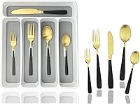 Vista 18 de JASHII Juego de cubiertos con bandeja, juego de cubiertos cuadrados de acero inoxidable de 20 piezas para 4, acabado mate, utensilios de comida