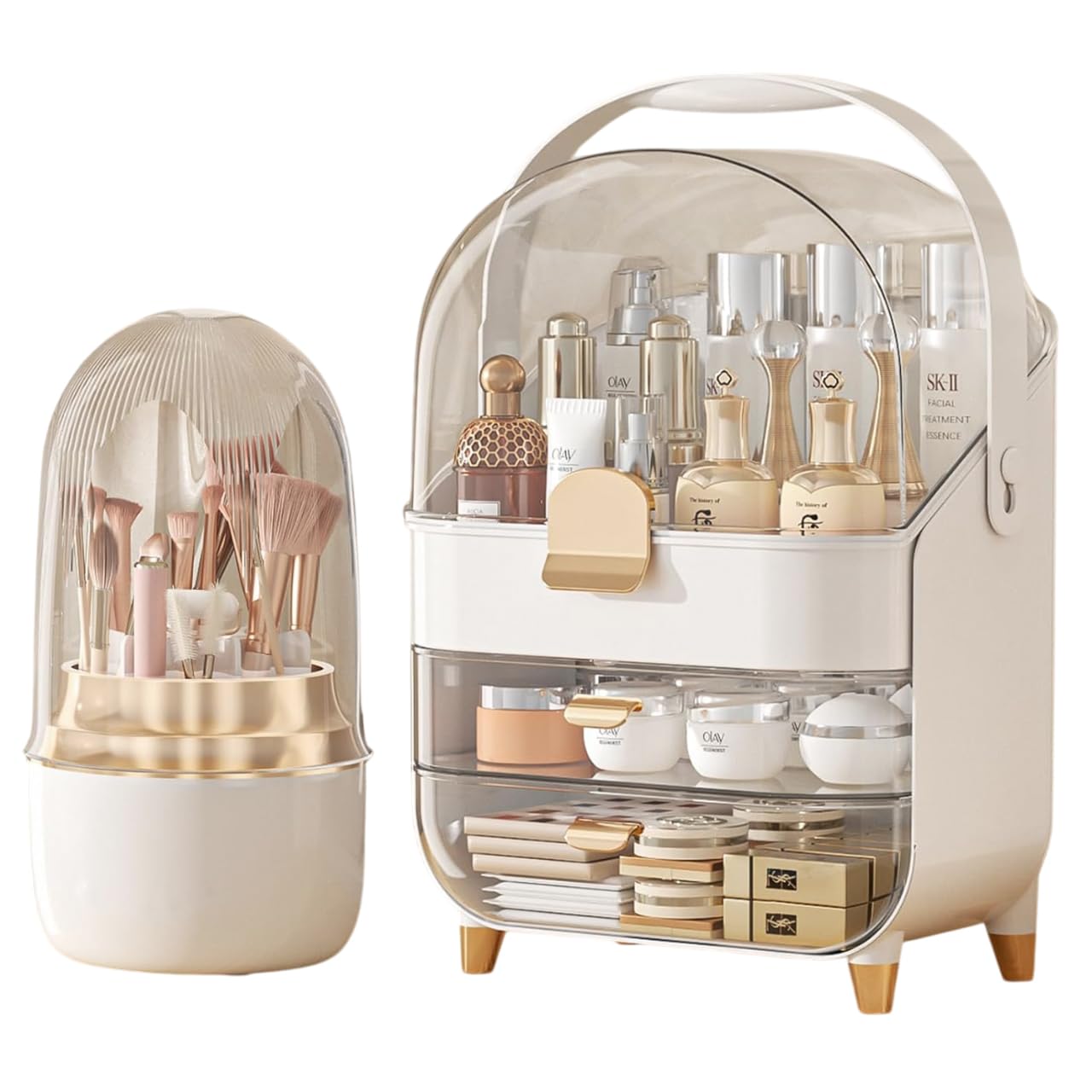 RYDR Multi-Purpose Makeup Organiser Case with Rotating Brush Holder - Dustproof Cosmetic Storage Box for Skincare Products, Jewellery, Perfumes, Lipstick for Bedroom Bathroom Countertop (White/Gold)