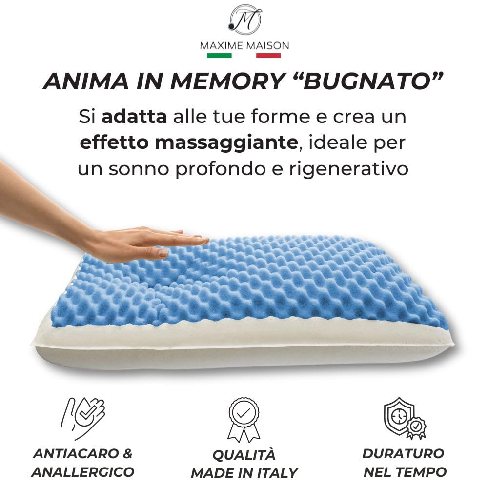MAXIME MAISON - Cuscino Memory Foam Bugnato ad Effetto Massaggiante, Cuscini Letto Matrimoniale Made in Italy, Guanciale Letto, Cuscini per Cervicale per Dormire (2, Fodera Aloe, Altezza 15)