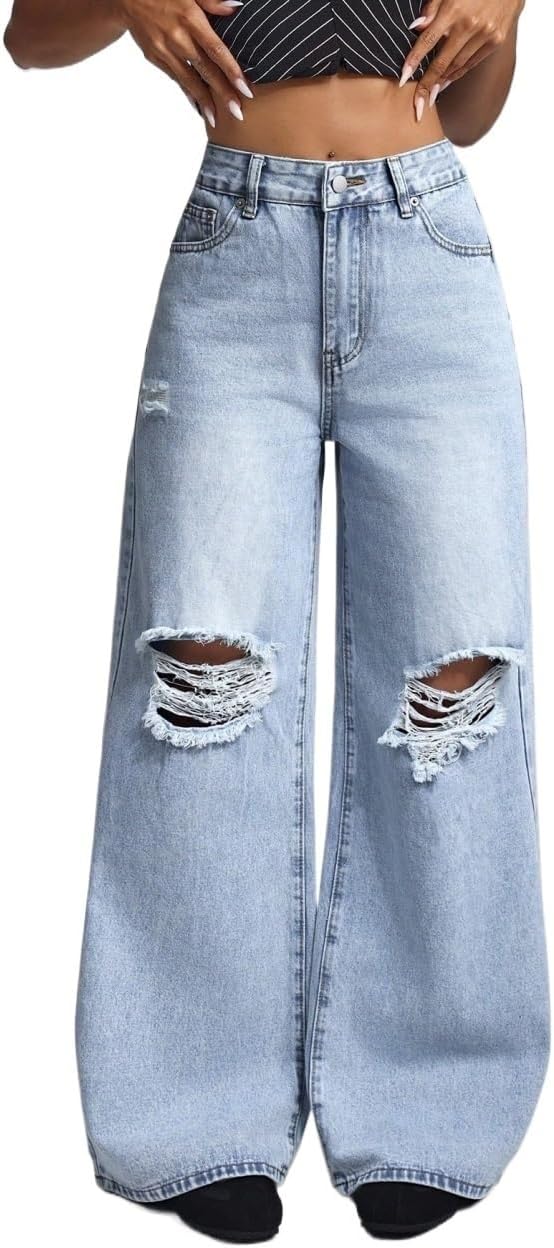 Baggy Jeans Women, High Waist Slant Pocket Ripped Wide Leg Jeans