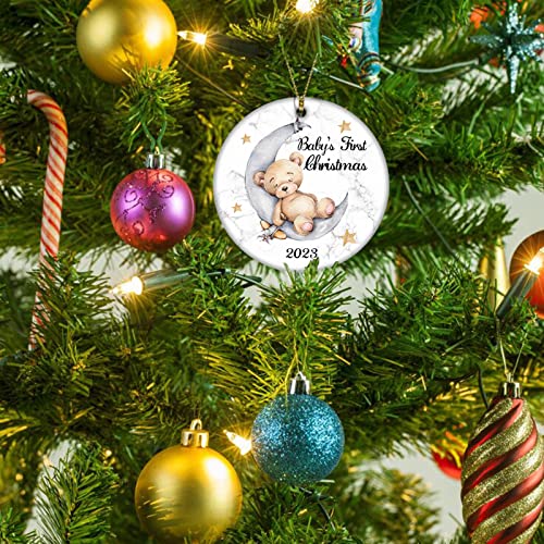 Juooe Baby's First Christmas 2023 Bear On The Moon Ornament Christmas Wedding Decoration Baby Ornament Newlywed 2023 (Yellow And White Baby Bear) #TOP3