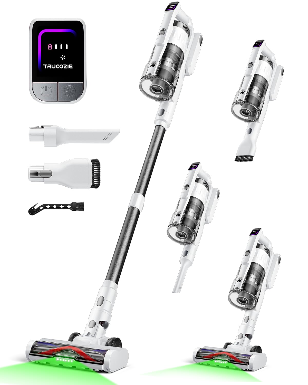 Cordless Vacuum Cleaner for Home, Upgraded 60Kpa Powerful Suction Pet Hair Vacuum with 70min Runtime, Green LED Light for Hardwood Floors & Carpet, Self-Standing Rechargeable Stick Vacuum, Off-white