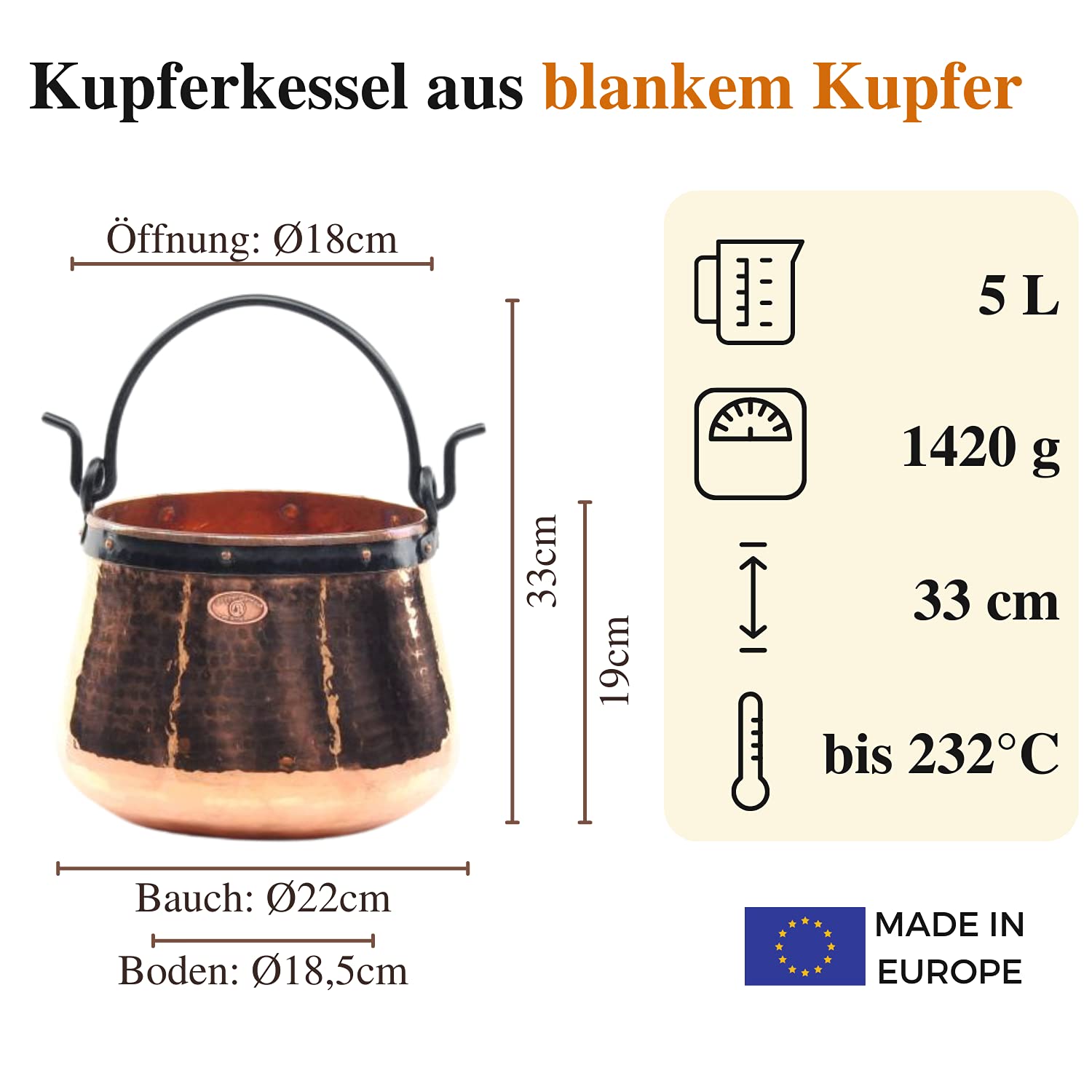 CopperGarden Kupferkessel 5 L mit Henkel I Robuster Kessel aus blankem Kupfer: Ideale Wärmeleitung & -verteilung I Lebensmittelechter Feuerkessel für Gulasch/Feuerzangenbowle uvm.
