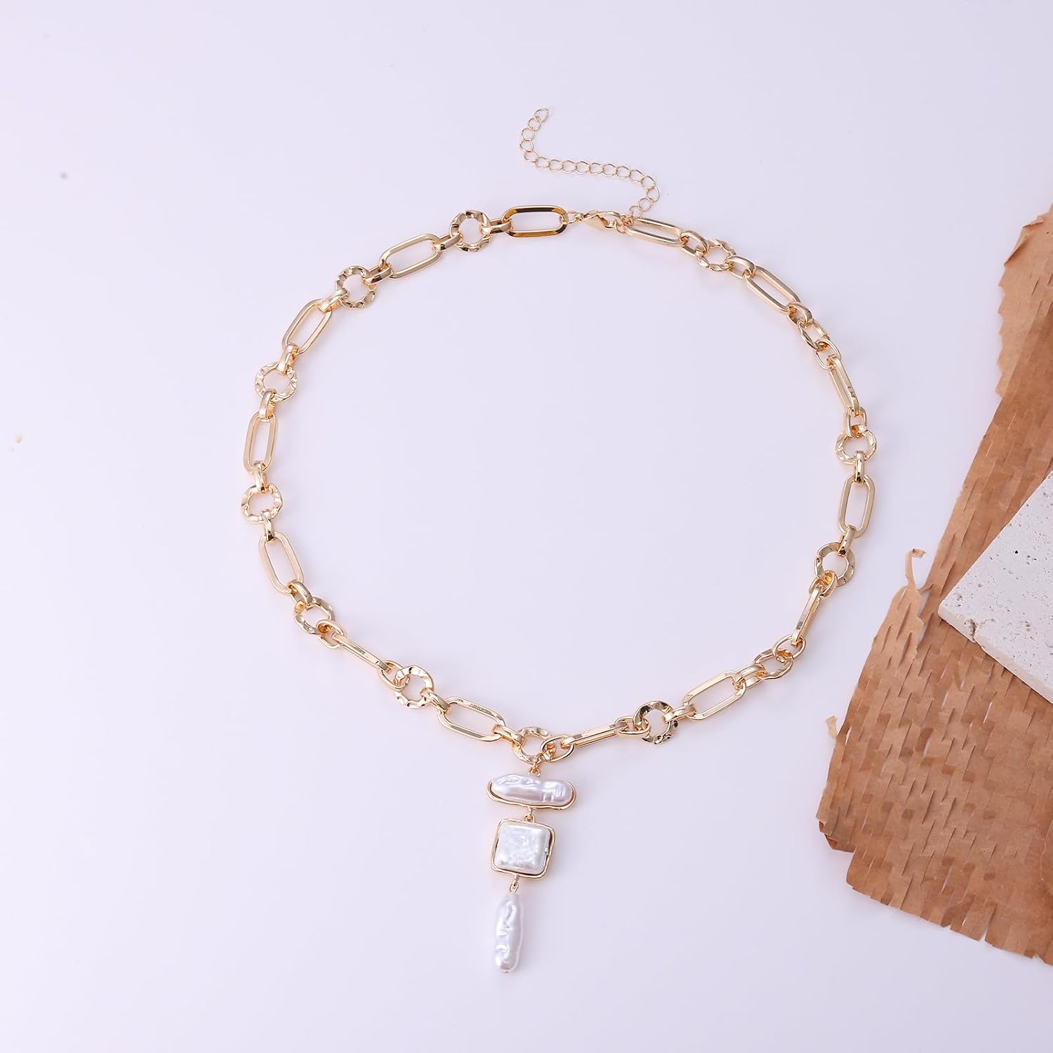 Statement Pearl and Chain Necklace,Mixed Chain and Trendy Organic Pearl Choker,Chunky Necklaces for Women