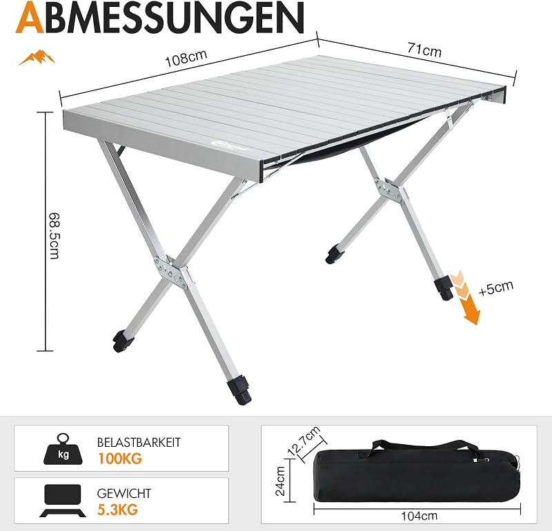 Portal Összecsukható Camping Asztal 108x71cm Alumínium Magasságállítható Hordozható