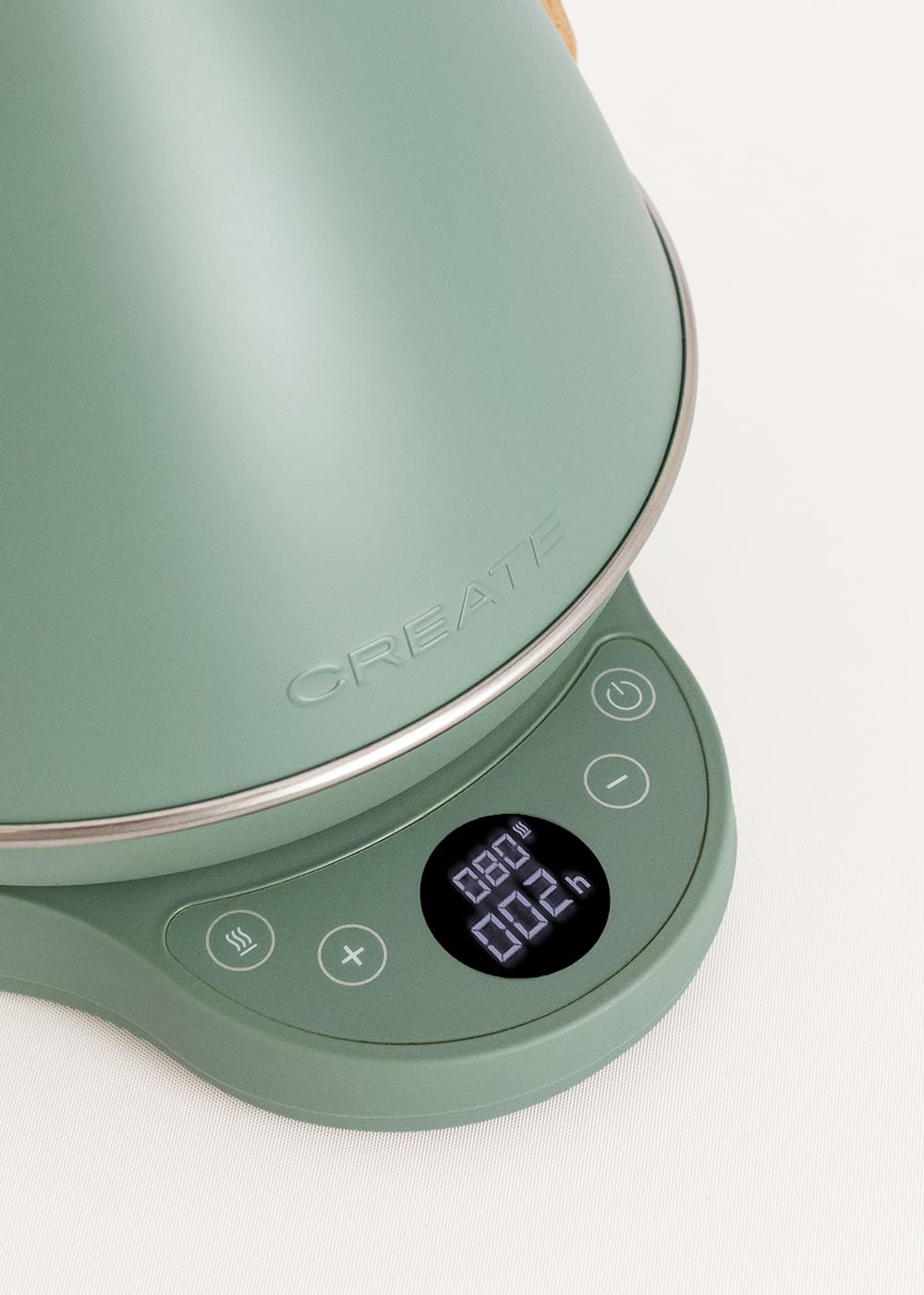CREATE/KETTLE RETRO PRO/Bollitore elettrico da 1 L con controllo della temperatura verde salvia/Sistema di autospegnimento, ebollizione rapida, base antiscivolo, pannello trasparente, 1200W