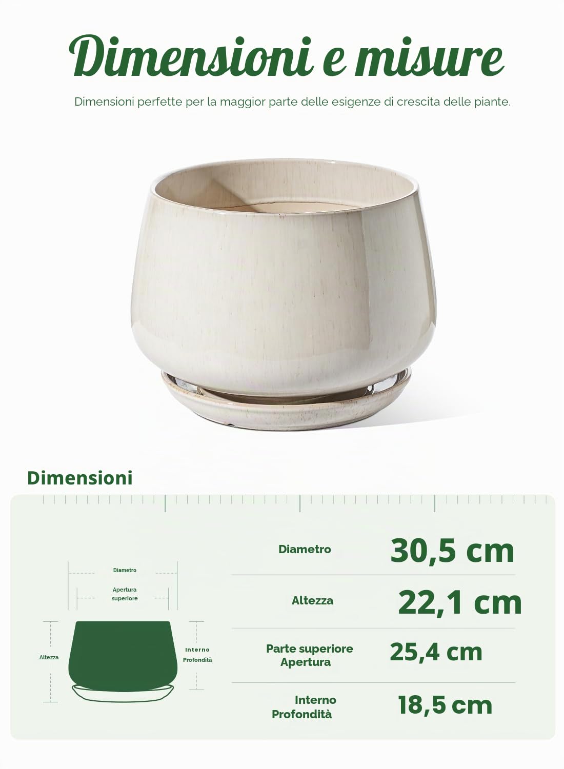 LE TAUCI, vasi da 12 pollici per piante, fioriera in ceramica con foro di drenaggio e piattino, ceramica a pareti spesse, vasi per piante da interno, ideali per soggiorno e ingresso, smalto reattivo
