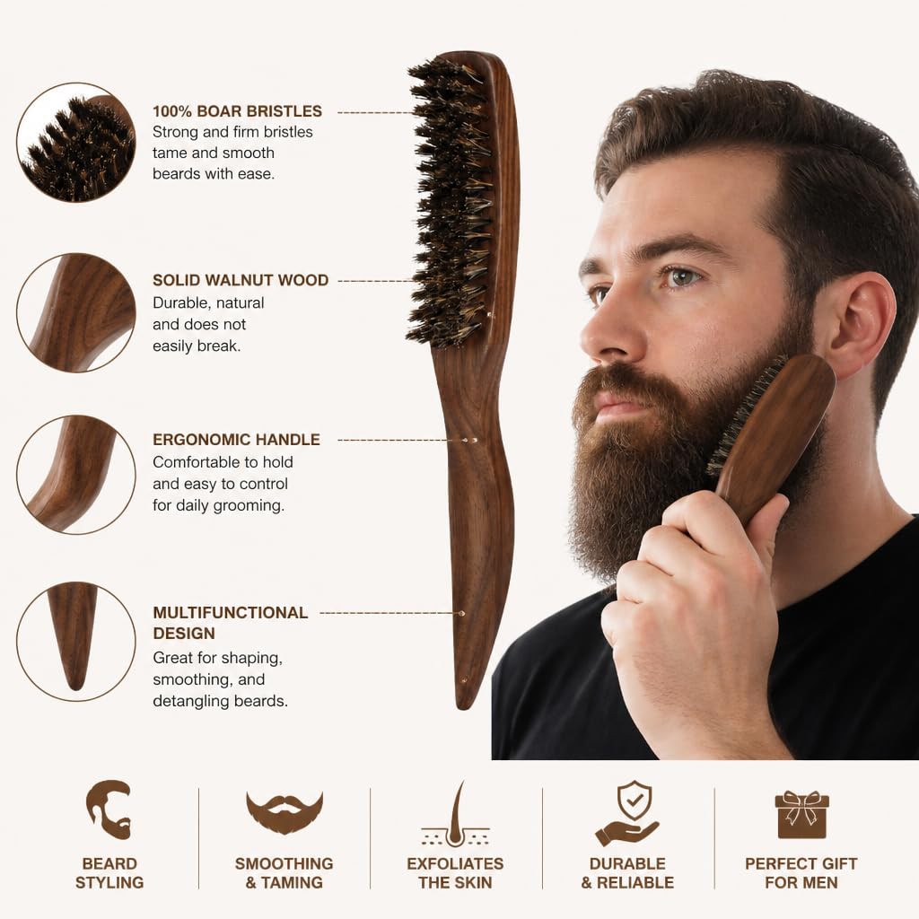 Beard Care - Mustache Comb - Wooden Comb - Boar Bristle Hair Brush image 4