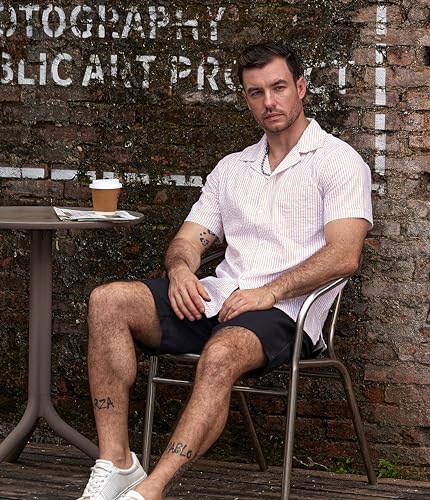 Image of VATPAVE Mens Striped Summer Shirt Casual Button Down Short Sleeve Beach Shirts Cotton Shirts for Men