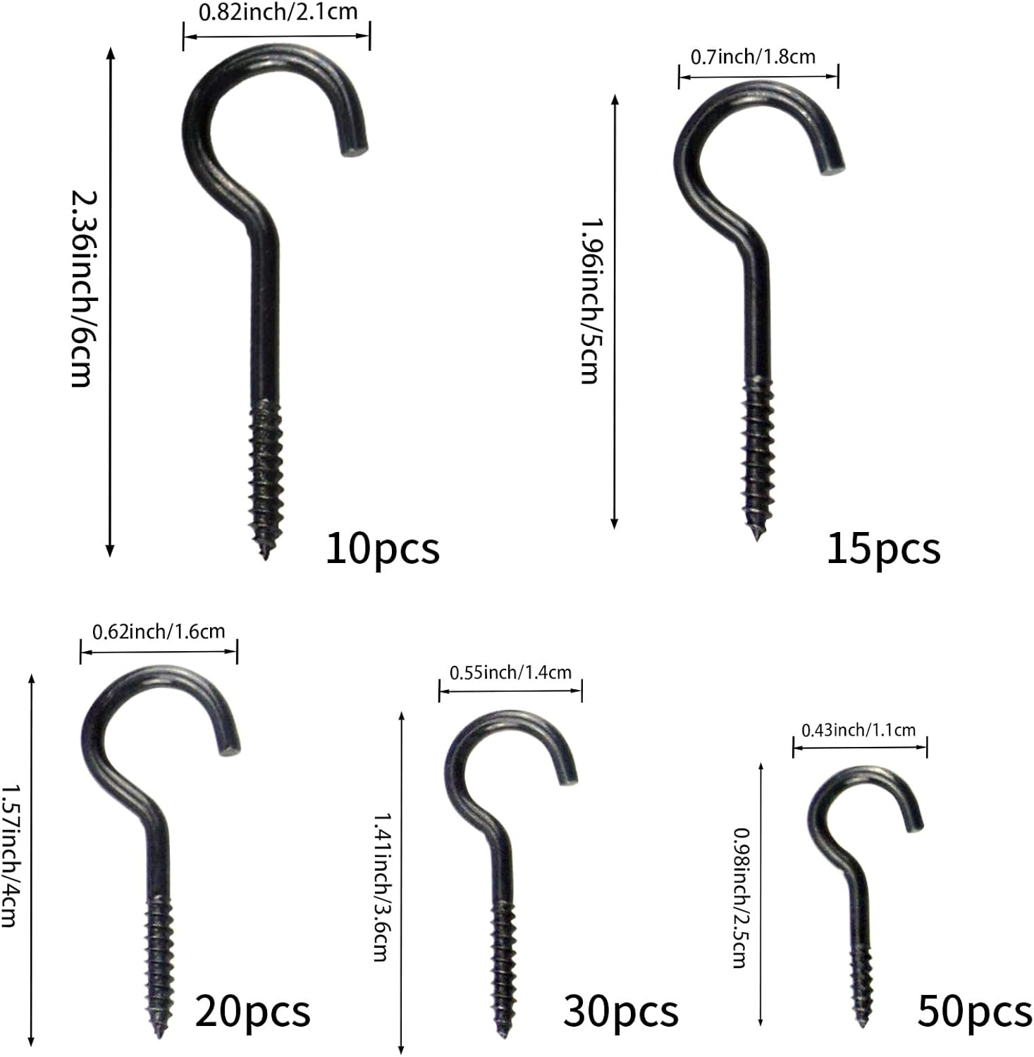 125 Pieces of Screw Cup Hook Set 5 Sizes Ceiling Small Hooks Wardrobe Decoration Hanging Accessories for Hanging Outdoor or Indoor use (0.98" 1.41" 1.57" 1.96" 2.36") (Black) - Image 2