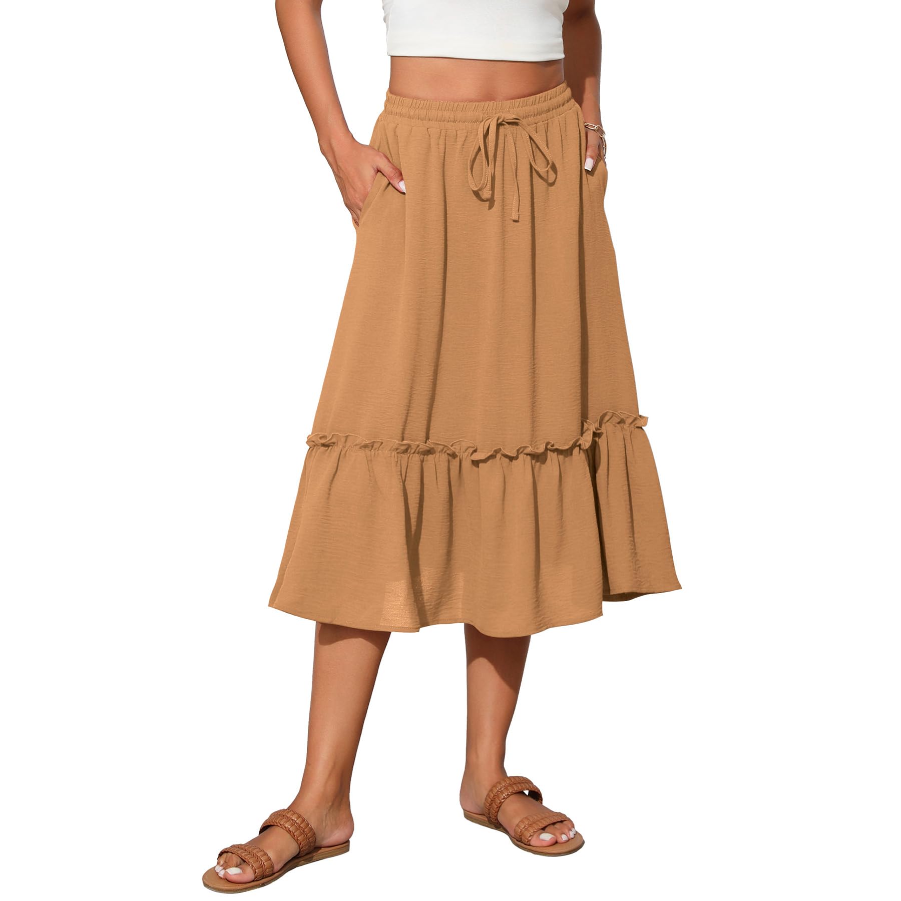 Witsmile Summer Skirts Midi Length Flowy Pleated Tiered Skirts for Women 2025 Fashion Trendy(Moka,XL)