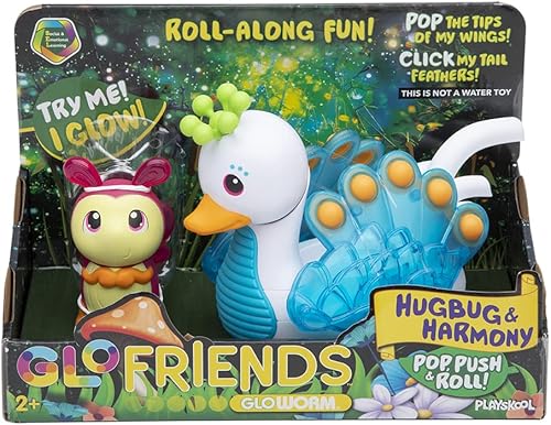 Playskool Glo Friends - Hugbug & Harmony Pop, Push & Roll! - Vehículo cisne - Insecto brillante - Juguete SEL - A partir de 2 años