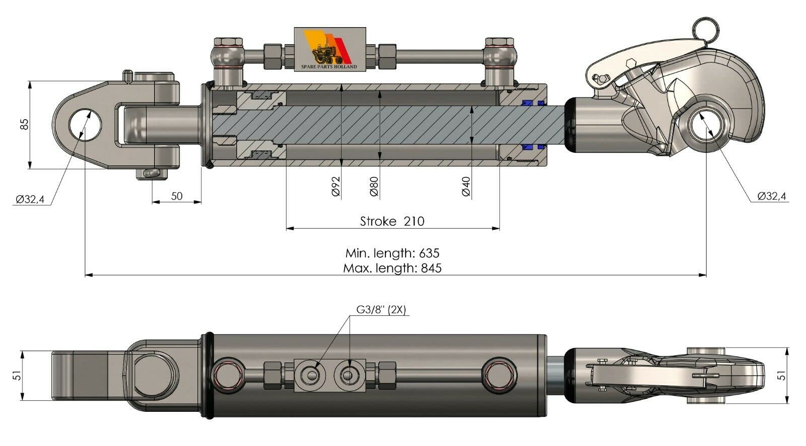 Tercer Punto Hidráulico Cat 3-3 (635 - 845 mm) con Rótula, Engaches Rápido, Bloque de Bloqueo y 2 Mangueras