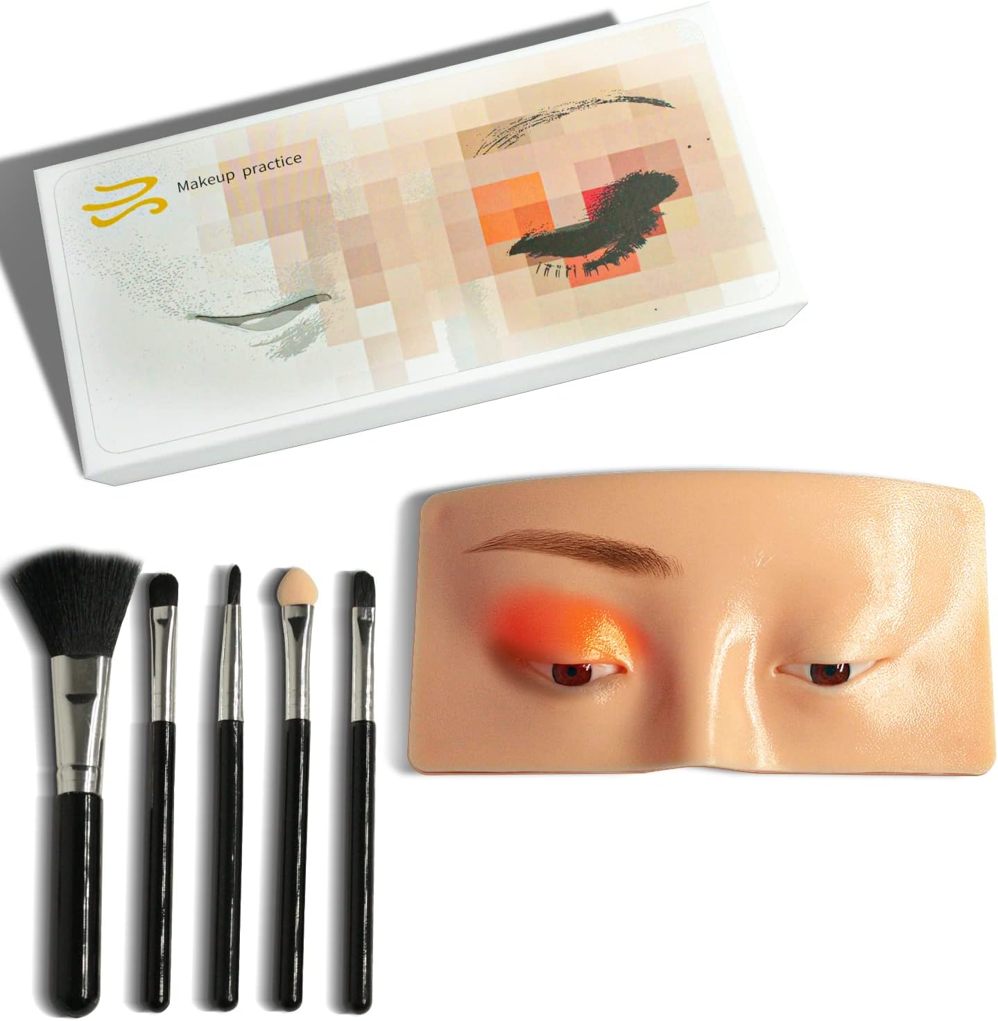 3D Makeup Practice Board, Ubitree Reusable Realistic Silicone Eyeliner Eyebrow Lash Mapping Face Skin Eye Makeup Practicing Board with 5 Pcs Cosmetic Brushes, Perfect for Practicing Face Eyes Makeup