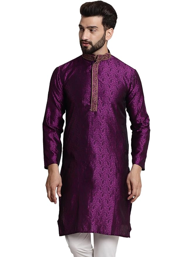SOJANYA (Since 1958 Men's Silk Blend Paisely Weave Full Sleeves Mandarin Collar Kurta-Timeless Elegance for Eid & Holi Festivals
