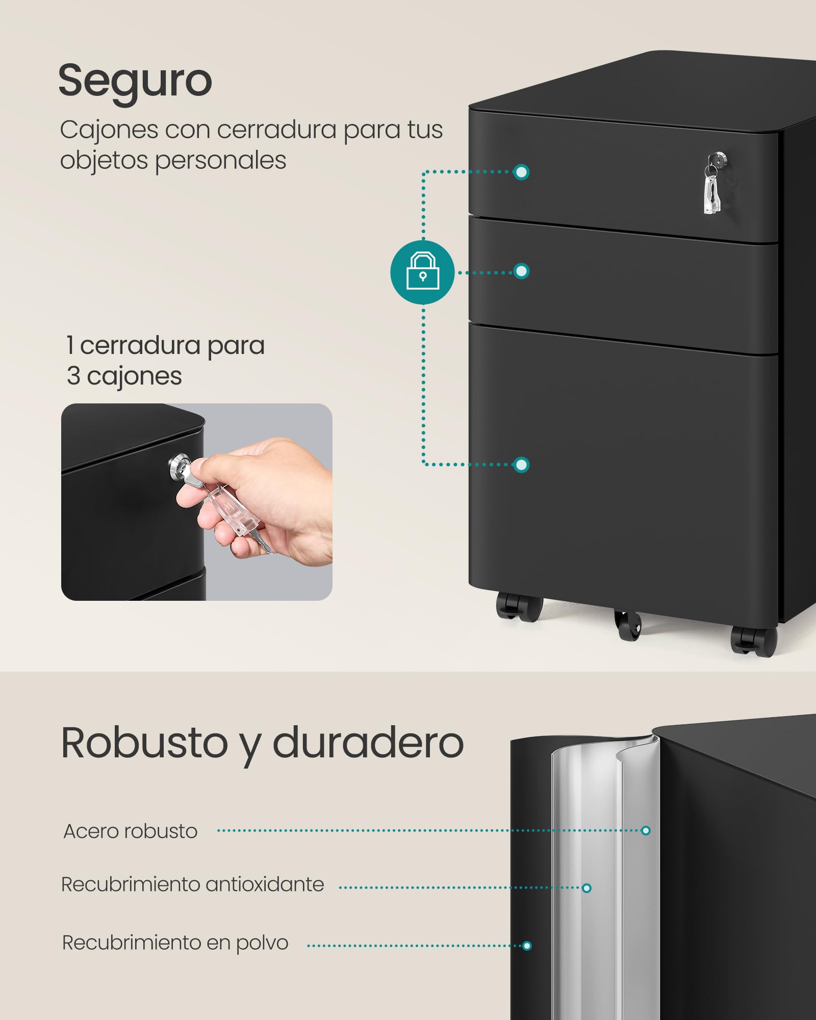 SONGMICS Cajonera Metálica con Ruedas, Mueble Archivador de Acero con 3 Cajones y Llave, 50 x 39 x 59 cm, Organizador para Oficina y Escritorio, Negro Mate, Colección Berend OFC032B101