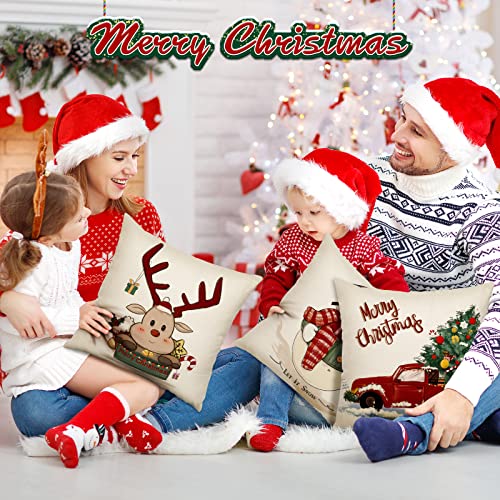 Jumlys Christmas Pillow Covers 18×18 Inch Set Of 4, Throw Pillow Covers For Christmas Decorations, Pillowcase Printed With Santa, Snowman, Elk And Red Truck, Ideal Winter Holiday Decor For Home #TOP5