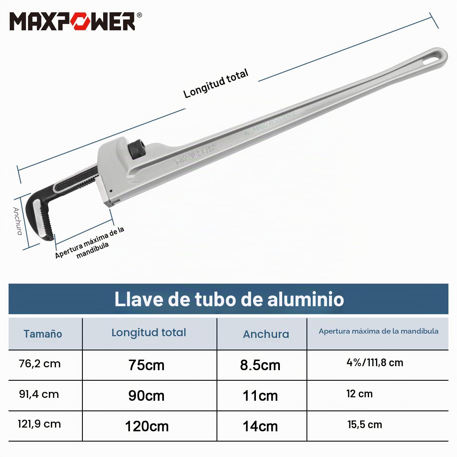 MaxPower Llave Grifa, Llave Stillson 900mm Llave para Tubo Stillson Heavy Duty Aluminio Llaves de Plomería | Llave de tubo recta resistente