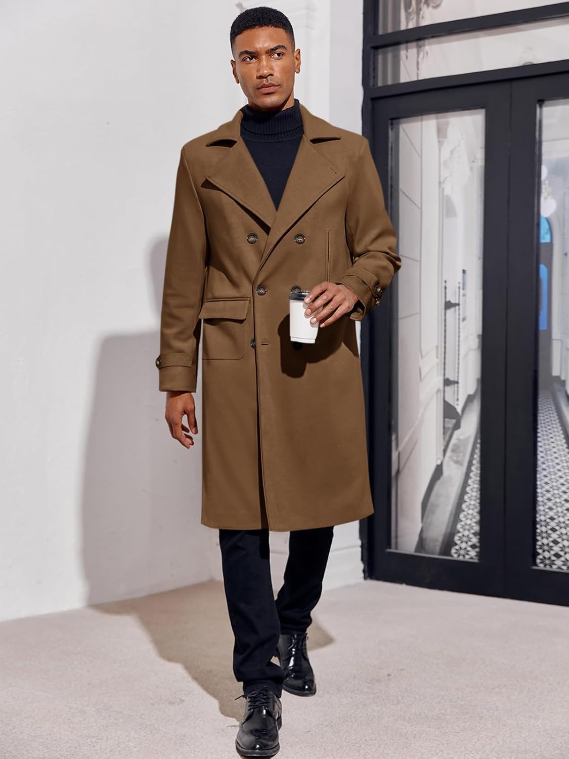 MNCEGEER Men's Trench Coat Notch Lapel Double Breasted Casual Cotton Blend Peacoat - Image 3