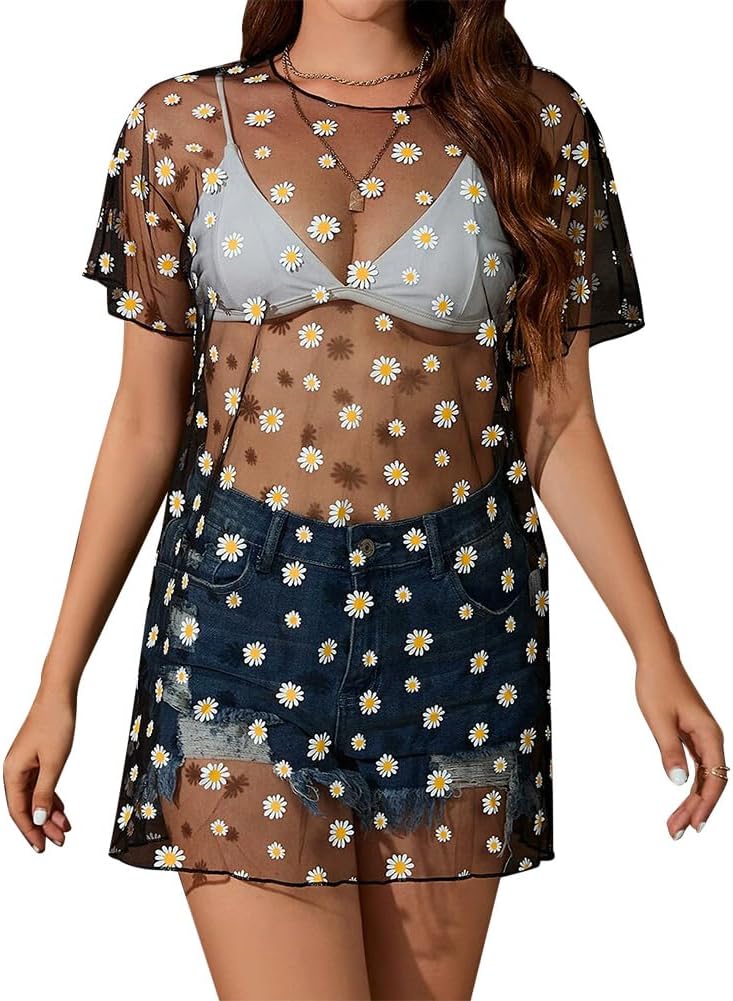 ABEWIP Short Sleeve Sheer Mesh Glitters Tops for Women Fishnet Crop Top Bikini Cover Up See-through Clubwear