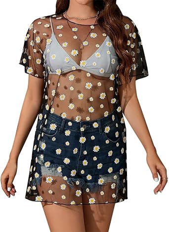 FYMNSI Womens Sexy Glitter Sheer Mesh Dress See Through Fishnet Dress Long T-Shirts Bikini Cover Up Beach Swimwear Clubwear