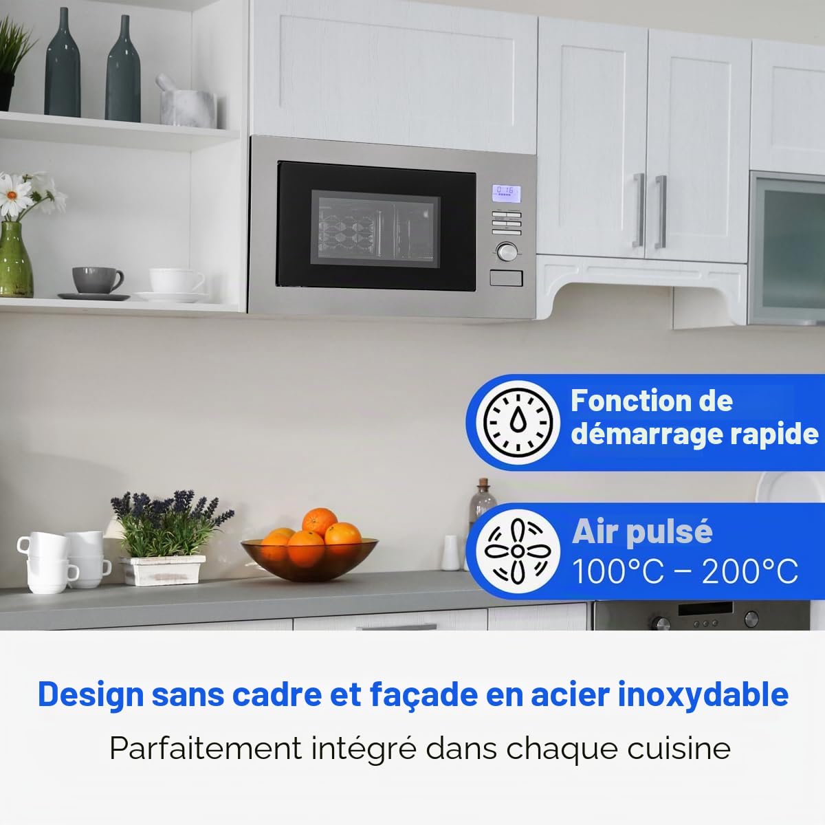 Bomann MWG3001HEB Micro-ondes encastrable 3 en 1 avec grill et air chaud, écran LCD, 8 programmes automatiques, fonction minuterie, espace de cuisson 25 l, intérieur en acier inoxydable, argenté