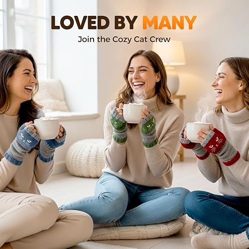 Miniatura 6 de Cat Embroidery Fingerless Gloves for Women, Warm Knitted Cat Gloves Splicing Design, Cute Womens Fingerless Glove