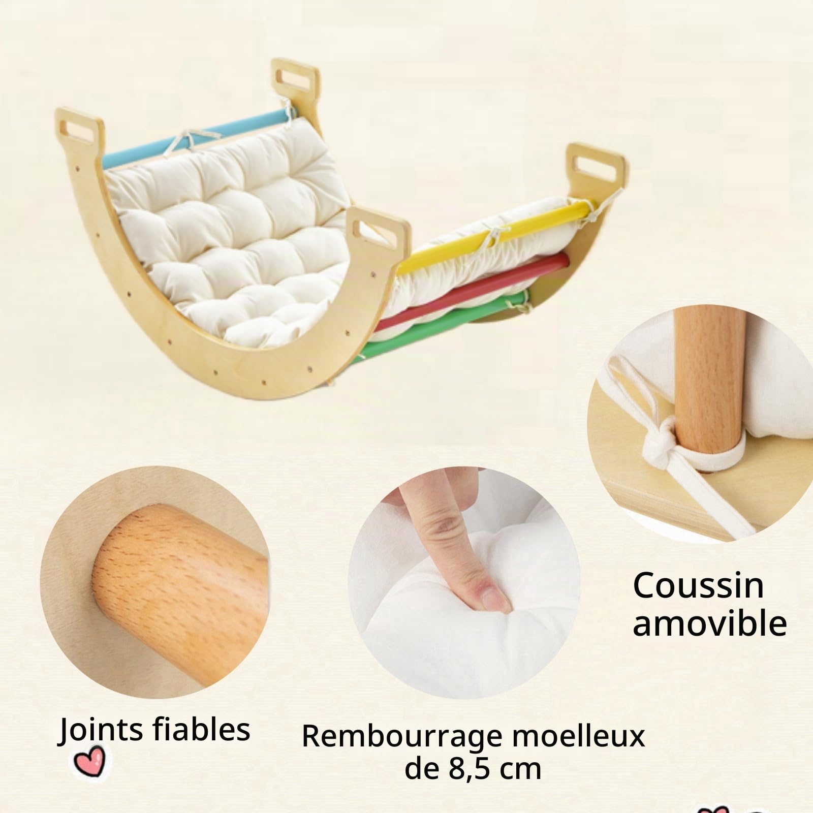LIFEZEAL 3 en 1 Arche d'escalade en Bois, Carde à Grimper pour Enfants Intérieur, Bateau à Bascule avec Coussin Doux à Double Face, Charge de 50 kg, 1+ Ans,Coloré