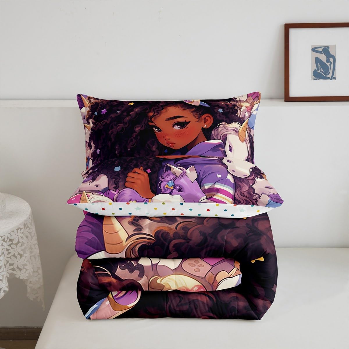 Erosebridal Black Hair Girls Bedding Set Cartoon Unicorn Queen Comforter Set,American African Kids Quilt Cute Afro Melanin Princess Down Comforter,Magical Animal Dreamy Horse Rainbow Room Decor
