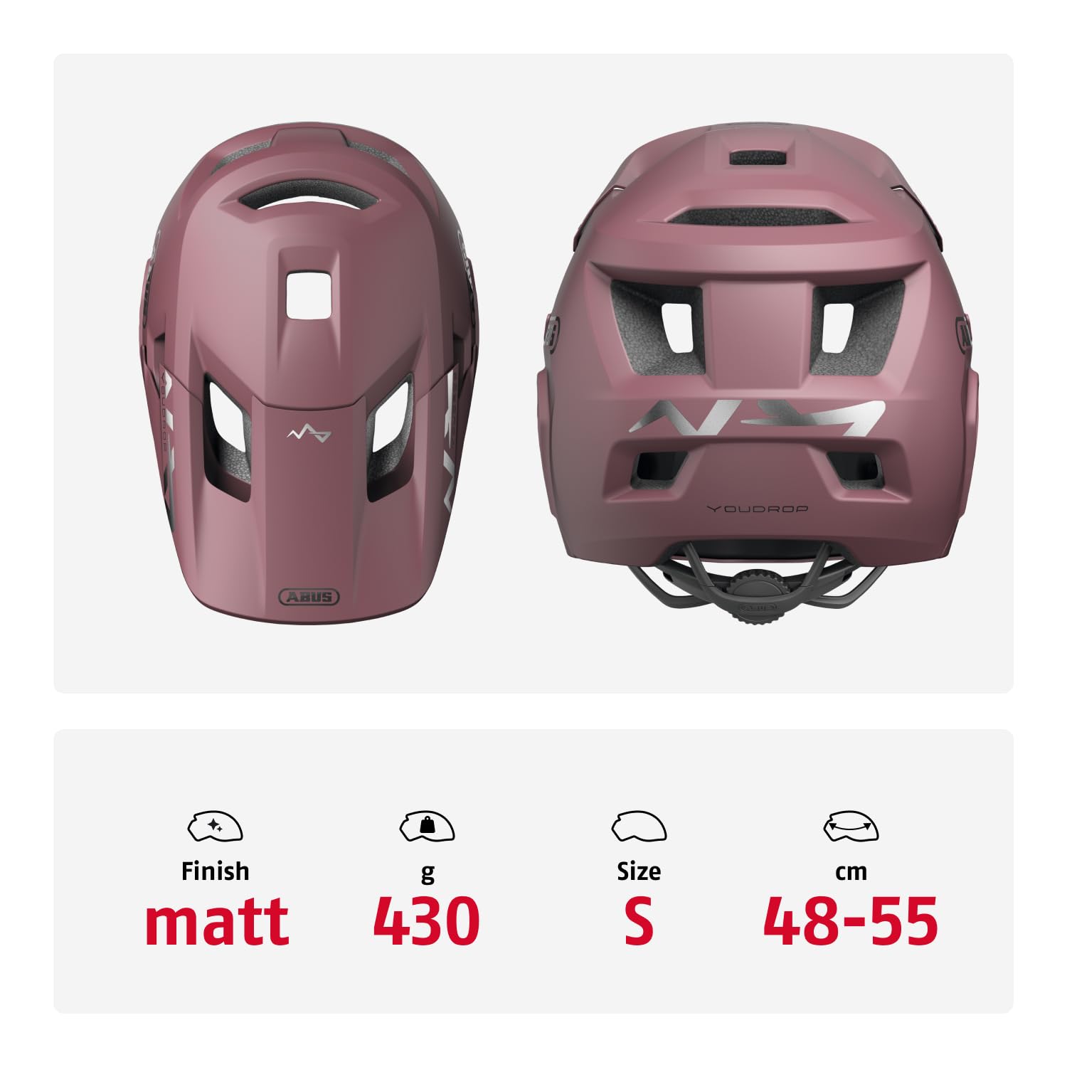 ABUS YouDrop FF - Casco de Bicicleta de montaña para niños y jóvenes, para iniciar el Ciclismo de montaña, con Protector de Barbilla Desmontable, Color Rojo, Talla S
