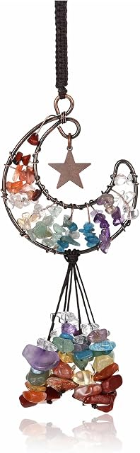 CrystalTears Chakra Crystal Hanging Ornament Handmade Tree of Life Wire Wrapped Moon Shape Healing Crystal Stones Car Rear View Mirror Hanging Acceissories Wall Home Christmas Decor