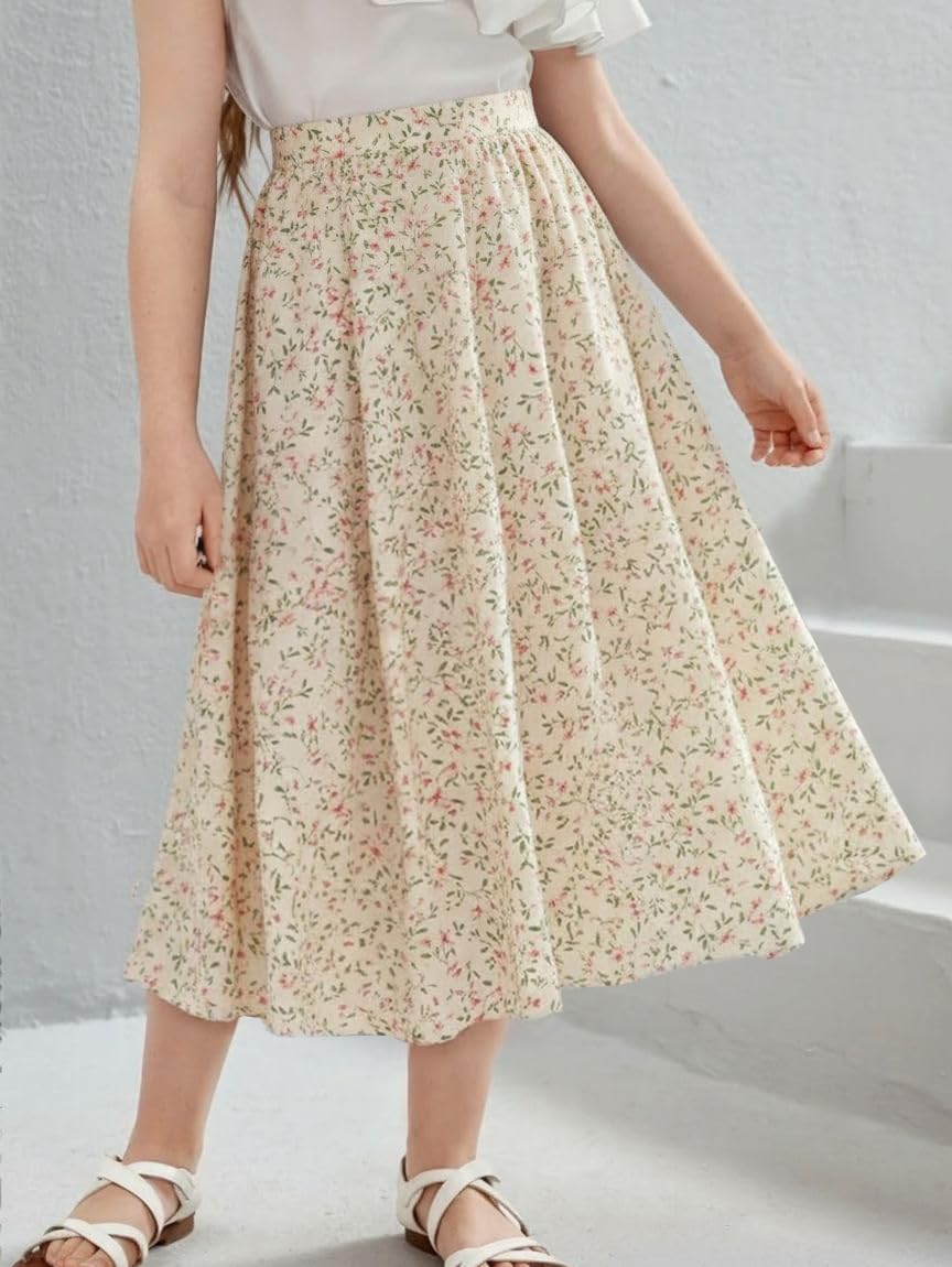 New 6-14 Years Girls Floral Maxi Skirt Boho Flowy A-Line Summer Midi Skirt with Elastic Waist - Image 2