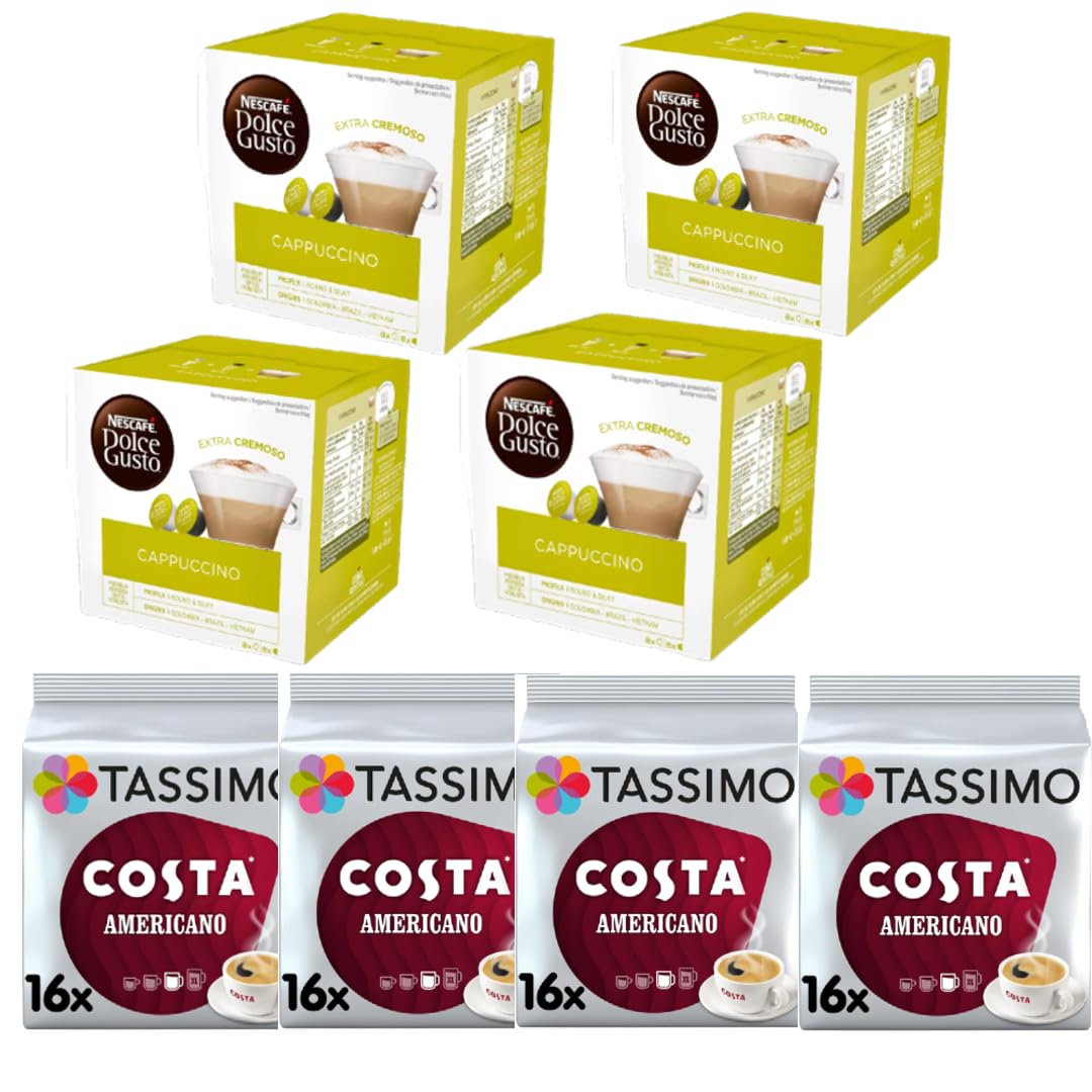 Coffee Bundle: Nescafe Dolce Gusto Cappuccino Coffee Pods (16 Capsules)  Tassimo Americano Coffee Pods (18 Servings) (4 Packs Bundle, Americano