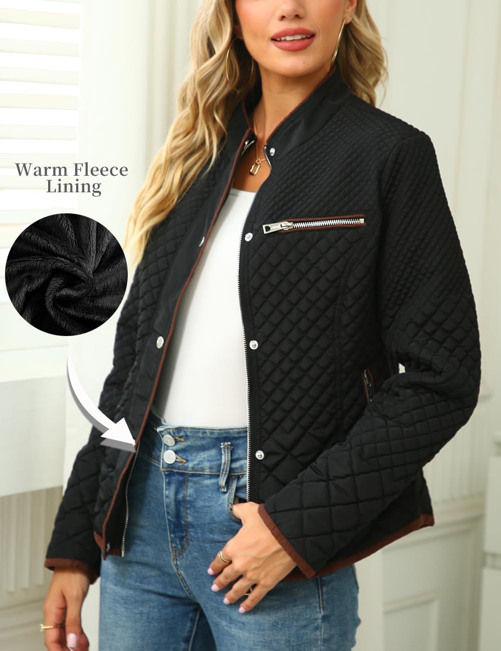 Bellivera Women's Fleece-Lined Diamond Quilted Puffer Jacket Winter Coat | Stand Collar Casual Padded Outerwear with Soft Thermal Lining, Zipper Front, and Classic Stitched Surface
