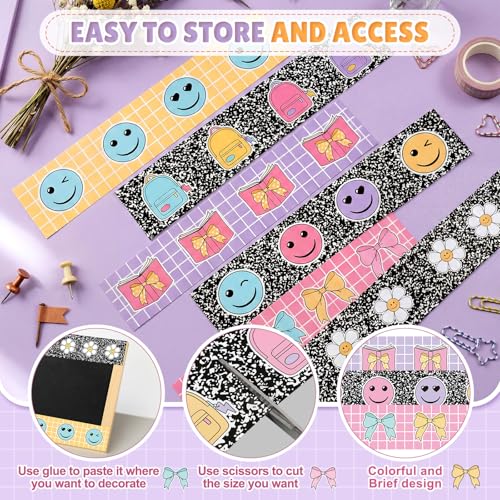Image of 60 Pcs 69 ft Pastel Composition Bulletin Board Border | Pastel Border Trim Cute Bow Smile Faces Flower Grid Straight Borders for Back to School Classroom Chalkboard Wall Decor