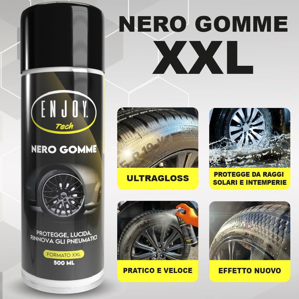 ENJOY TECH Professionelle, schwarze Autoreifen, professioneller Glanz für Autoreifen, schwarz für Autoreifen, schützt Reifen und Dichtungen von Auto und Motorrad, 500 ml (4)