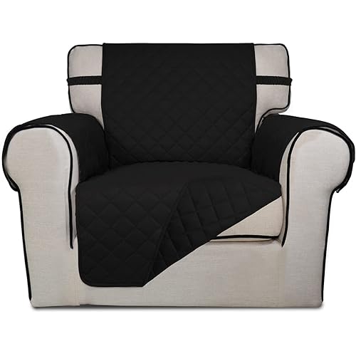 PureFit Reversible Quilted Sofa Cover, Water Resistant Slipcover Furniture Protector, Washable Couch Cover with Non Slip Foam and Elastic Straps for Kids, Pets (Chair, Black/Black)