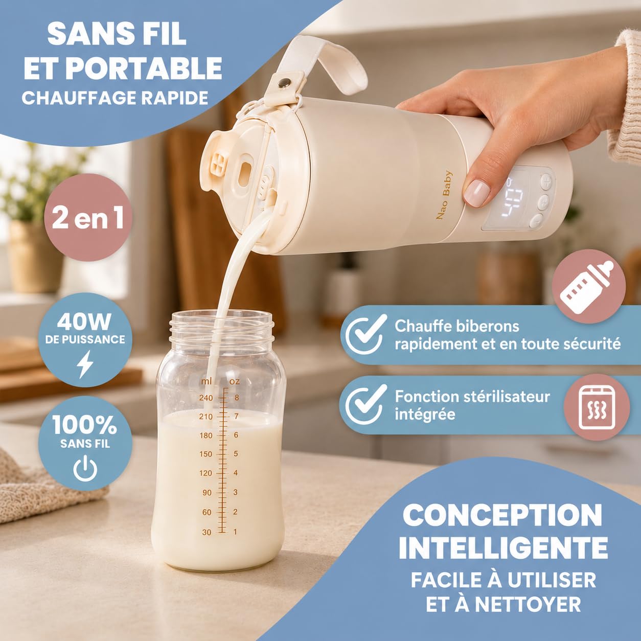 Chauffe Biberon Nomade 2 en 1 avec Fonction Stérilisation Biberon – Chauffe Biberon Portable Sans Fil, Charge Rapide, Batterie 10400 mAh, Contrôle Précis de la Température, Anti-Fuite