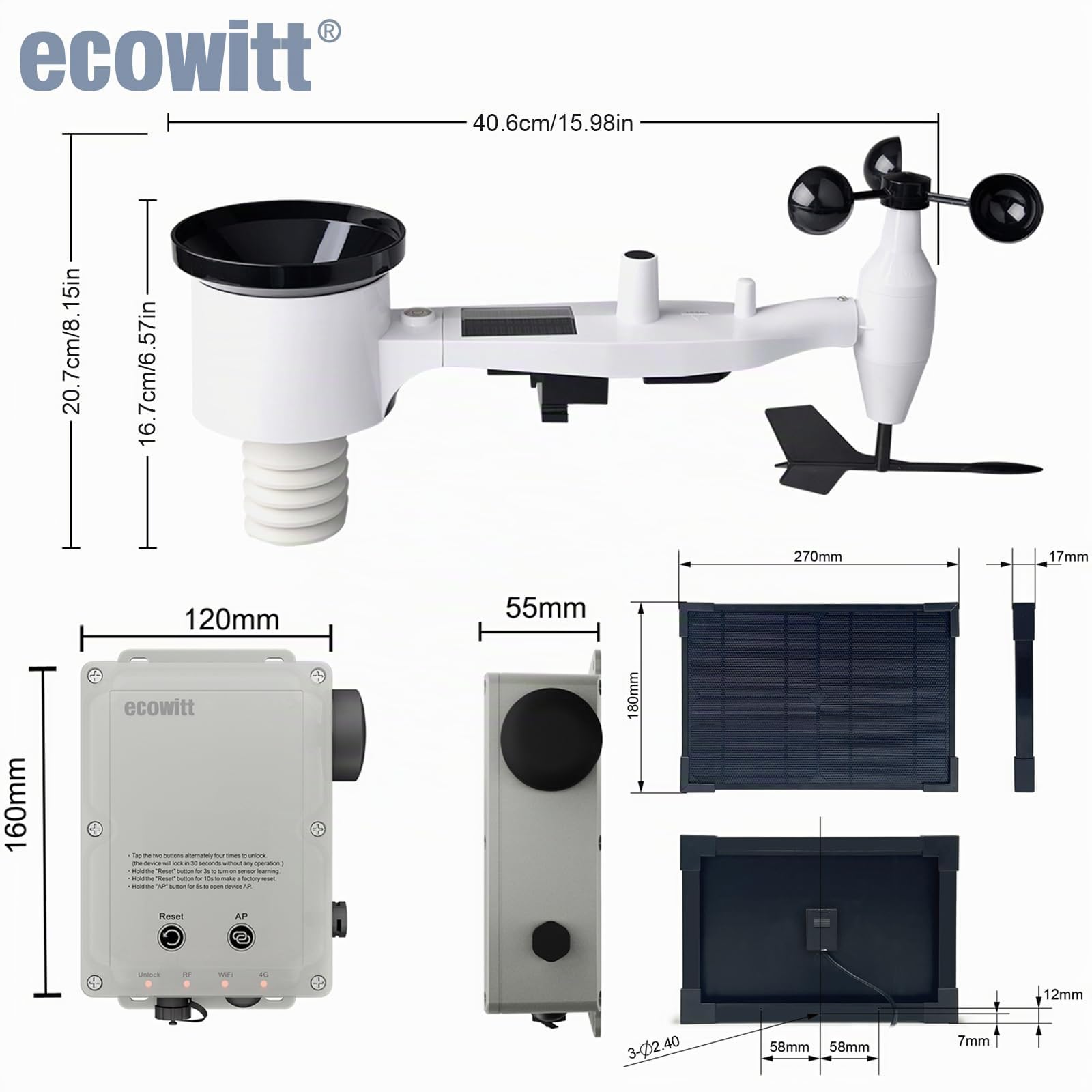 ECOWITT WittField Combo WS6211 - Estación meteorológica 4G y Wi-Fi con sensor externo 7 en 1 WS69, base IoT y panel solar